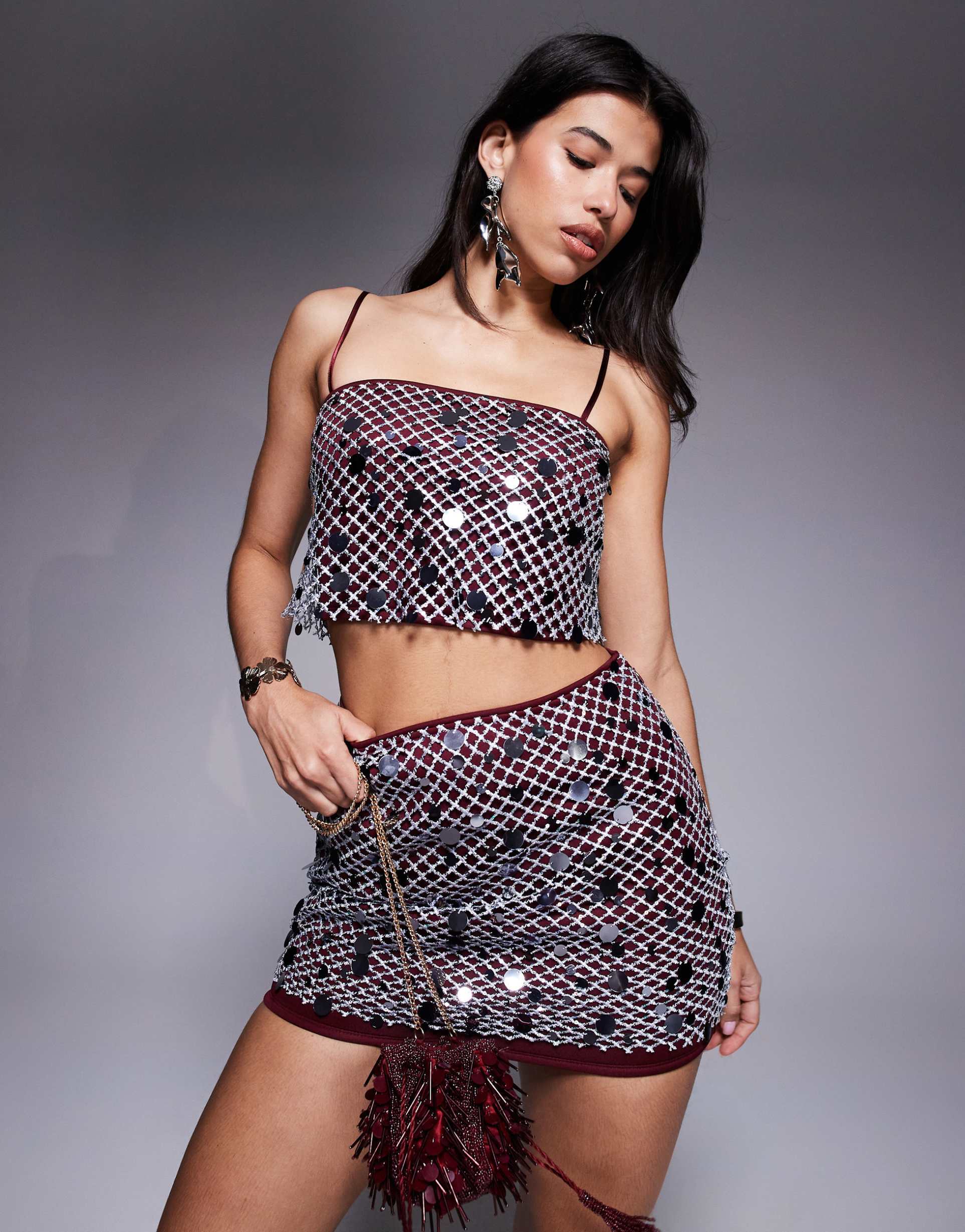 asos design silver sequin overlay satin cami top in burgundy - part of a set