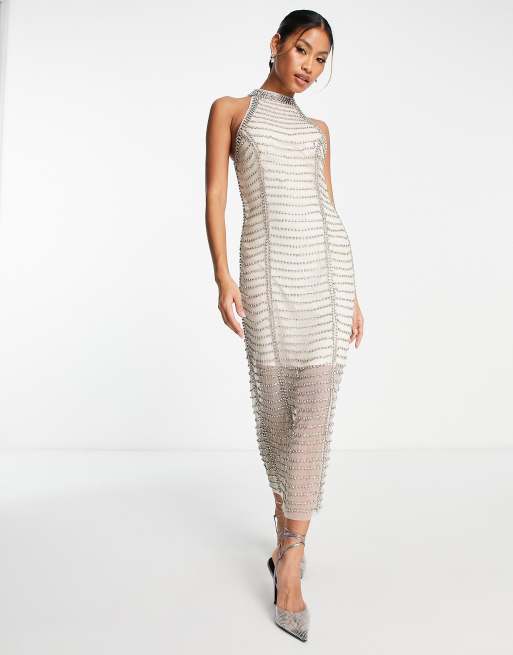 ASOS DESIGN – Silver, strassutsmyckad midiklänning i mesh