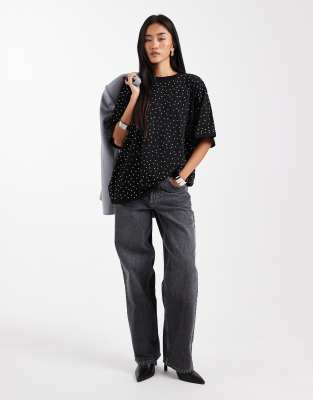 Asos Design Silver Studded Oversized T-shirt In Black