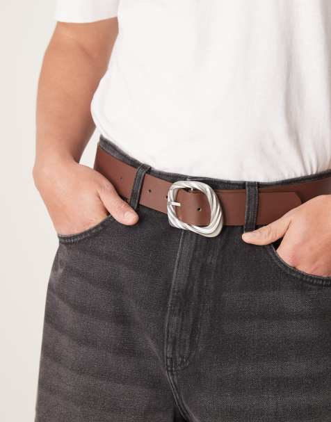 ASOS DESIGN silver twist buckle belt in tan - view 1
