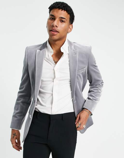ASOS DESIGN – Silverfärgad extra skinny kavaj i sammet