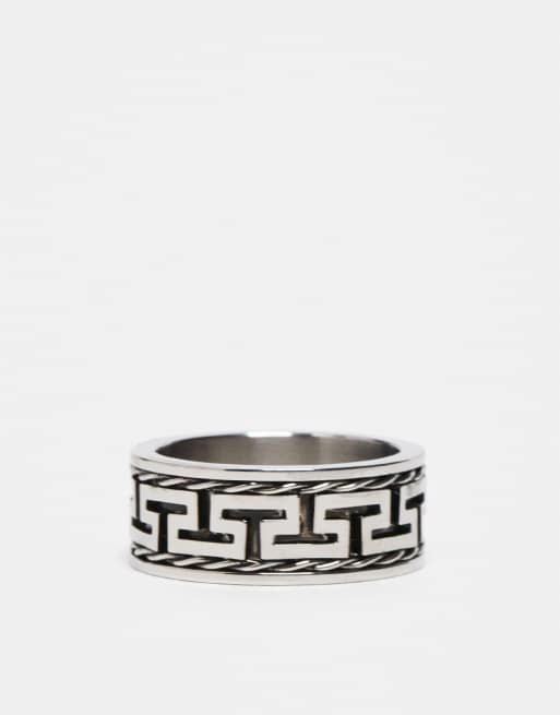 ASOS DESIGN – Silverfärgad, grov ring i vattentåligt, rostfritt stål med meanderdesign, 2 av 3