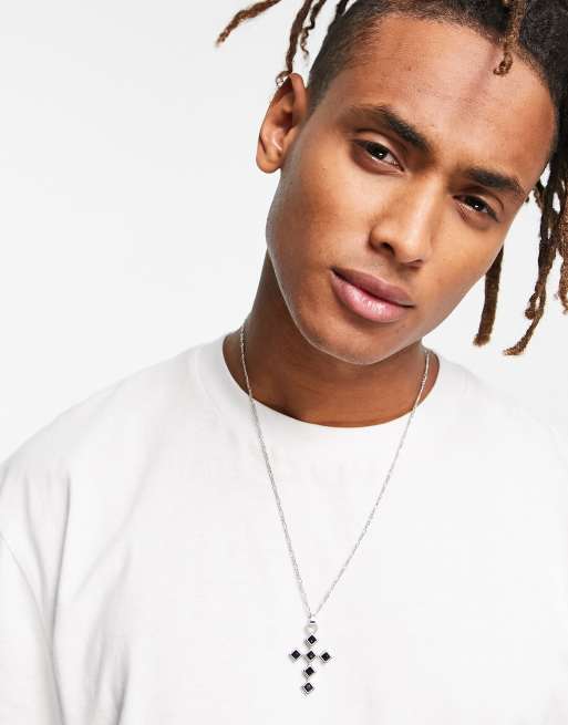 ASOS DESIGN – Silverfärgad halskedja med korshänge och svart emalj