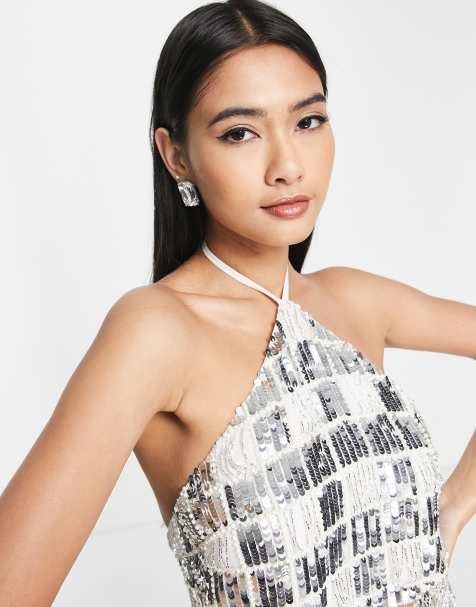 ASOS DESIGN – Silverfärgad halterneck-topp utsmyckad med paljetter och pärlor, del av set - view 1