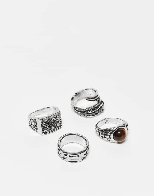 ASOS DESIGN – Silverfärgad klackring med omlottdesign med fjäder och sten, 4-pack