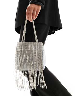 ASOS DESIGN – Silverfärgad kuvertväska med strassfransar och handtag upptill