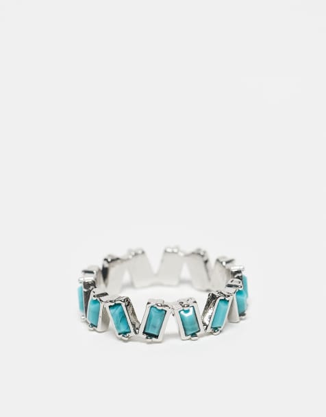 ASOS DESIGN – Silverfärgad ring med blå, konstgjorda, baguetteslipade stenar - view 1