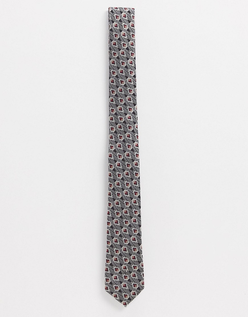 ASOS DESIGN – Silverfärgad smal slips med abstrakt geometriskt mönster-Grå