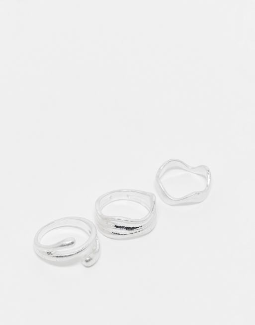 ASOS DESIGN – Silverfärgade, borstade ringar med smält design, 3-pack