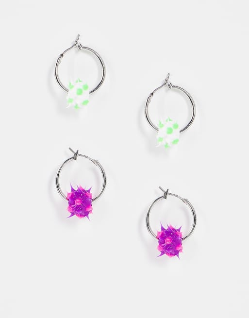ASOS DESIGN – Silverfärgade creoler med spetsiga gummibollar, 2-pack