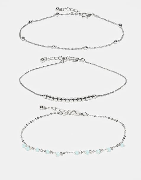 ASOS DESIGN – Silverfärgade fotlänkar med blå pärlor, 3-pack - view 1