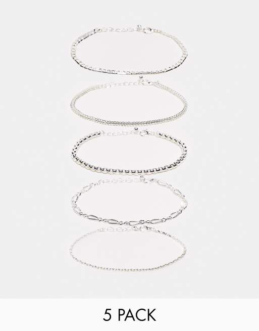 ASOS DESIGN – Silverfärgade glansiga kedjearmband, 5-pack