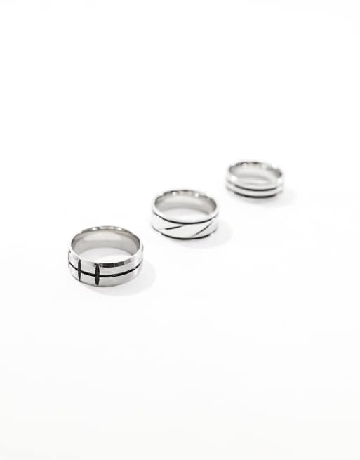 ASOS DESIGN – Silverfärgade, glansiga ringar i vattentåligt, rostfritt stål med präglad struktur, 3-pack, 4 av 4