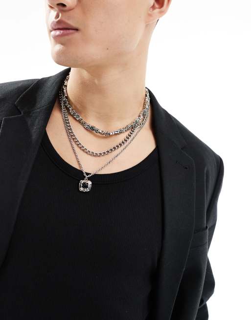 ASOS DESIGN – Silverfärgade, grova kedjehalsband med hänge i smält design, 3-pack