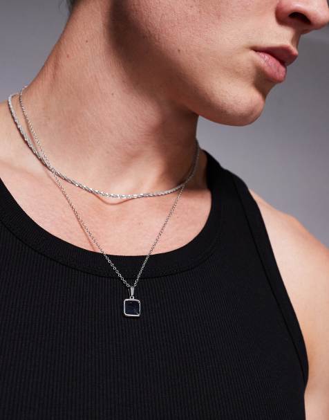 ASOS DESIGN – Silverfärgade halsband i vattentåligt, rostfritt stål med svart, fyrkantigt hänge, 2-pack - view 1