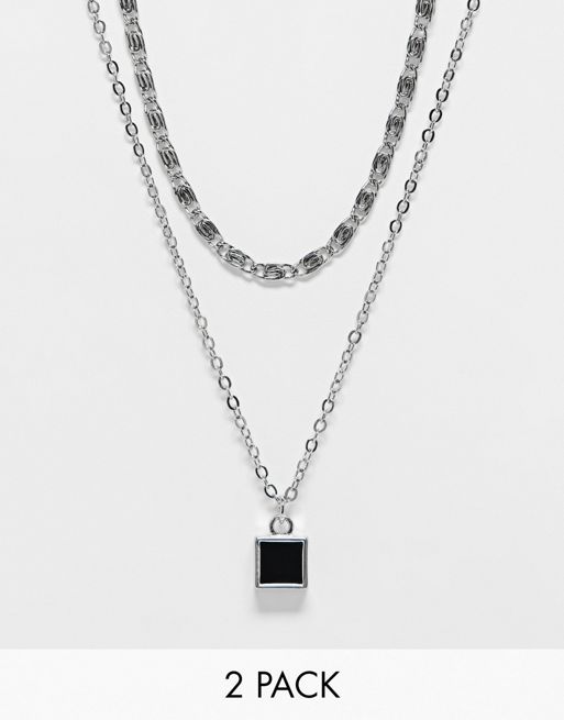 FhyzicsShops DESIGN – Silverfärgade halsband med fyrkantigt, svart hänge, 2-pack