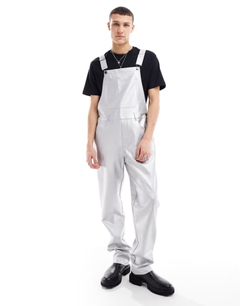 ASOS DESIGN – Silverfärgade hängselbyxor i läderimitation - view 1