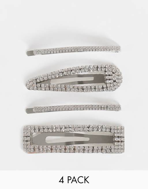 ASOS DESIGN – Silverfärgade hårklämmor med strassdesign, i 4-pack