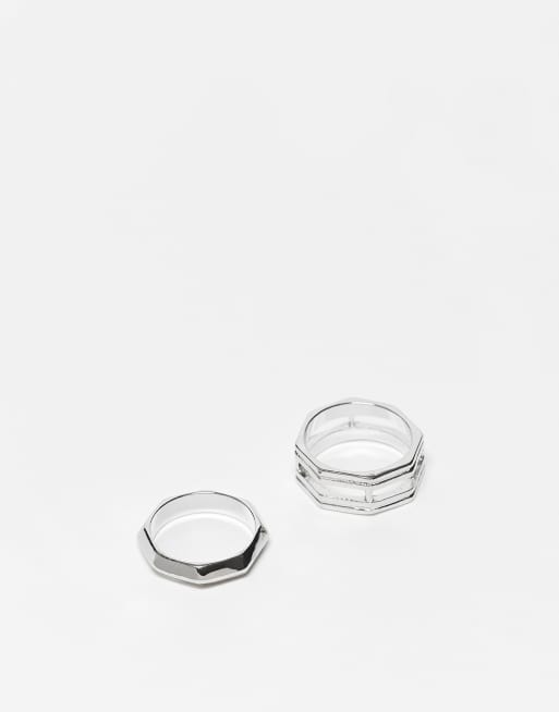 ASOS DESIGN – Silverfärgade, hexagonformade ringar med utskurna detaljer, 2-pack