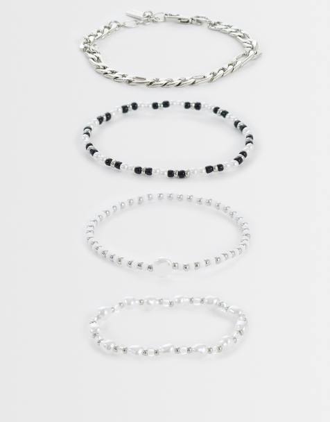 ASOS DESIGN – Silverfärgade kedjearmband med pärlor och svarta stenar, 4-pack - view 1