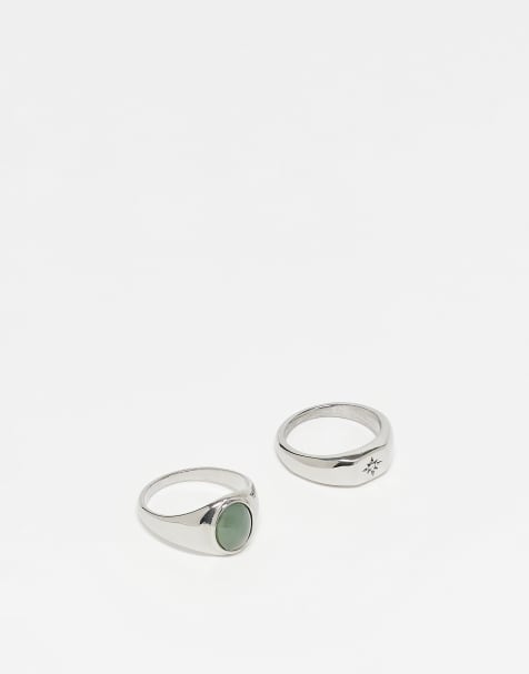 ASOS DESIGN – Silverfärgade klackringar i vattentåligt, rostfritt stål med konstgjord jade sten, 2-pack - view 1