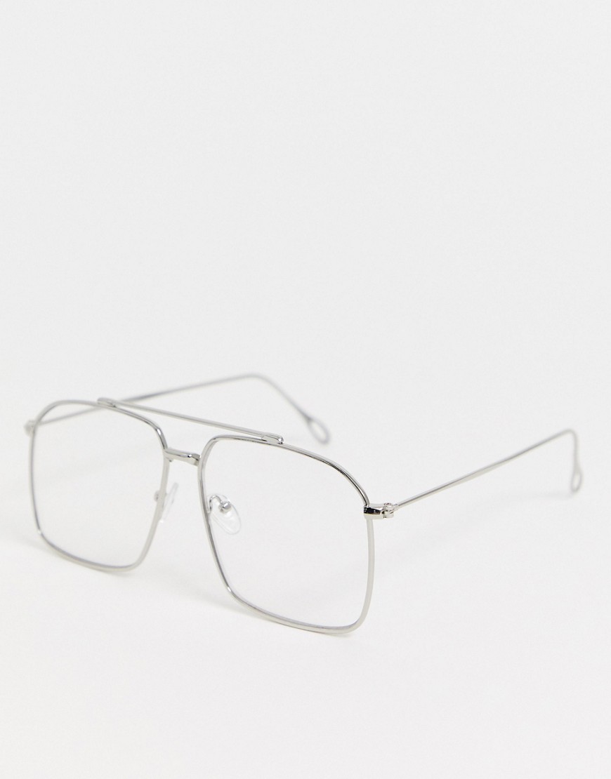 ASOS DESIGN – Silverfärgade modeglasögon i aviatormodell med genomskinliga glas