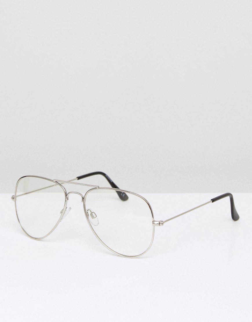 ASOS DESIGN – Silverfärgade modeglasögon i metall i aviatormodell med genomskinliga glas