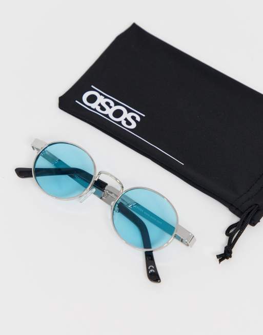 ASOS DESIGN – Silverfärgade, ovala solglasögon med turkosa glas och grova ändar, 2 av 4