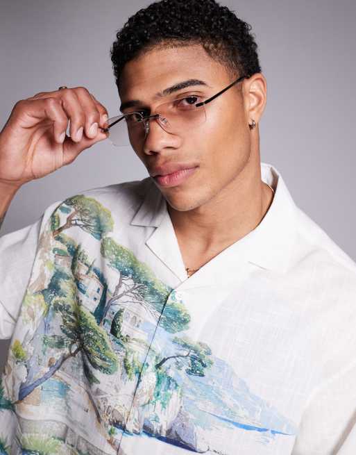 ASOS DESIGN – Silverfärgade, rektangulära, båglösa solglasögon med blekrosa glas