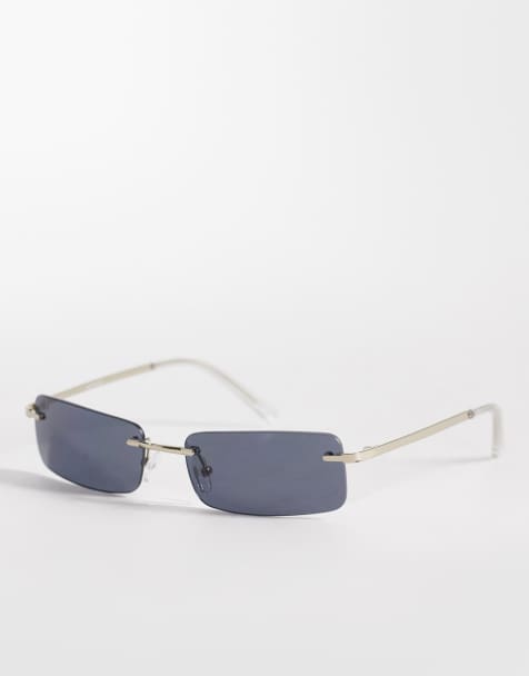 ASOS DESIGN – Silverfärgade, rektangulära, bågtlös solglasögon med metallbågar och mörka glas - view 1