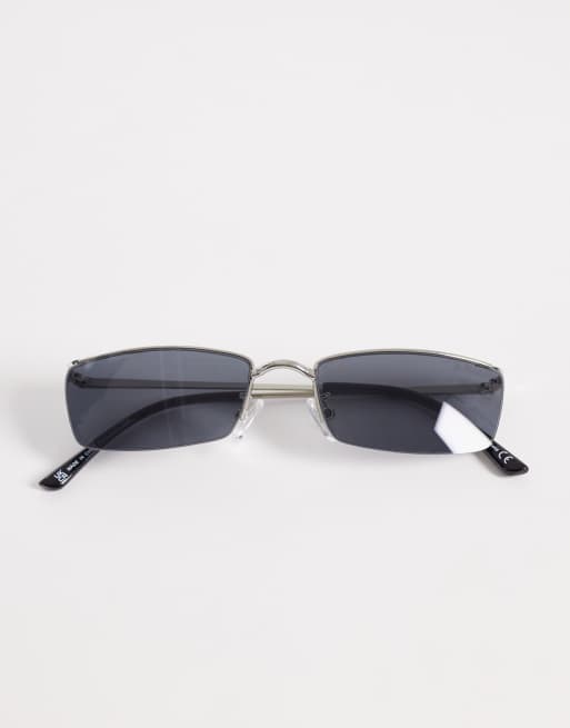 ASOS DESIGN – Silverfärgade, rektangulära, kantlös solglasögon med metallbågar och sotiga glas, 3 av 3