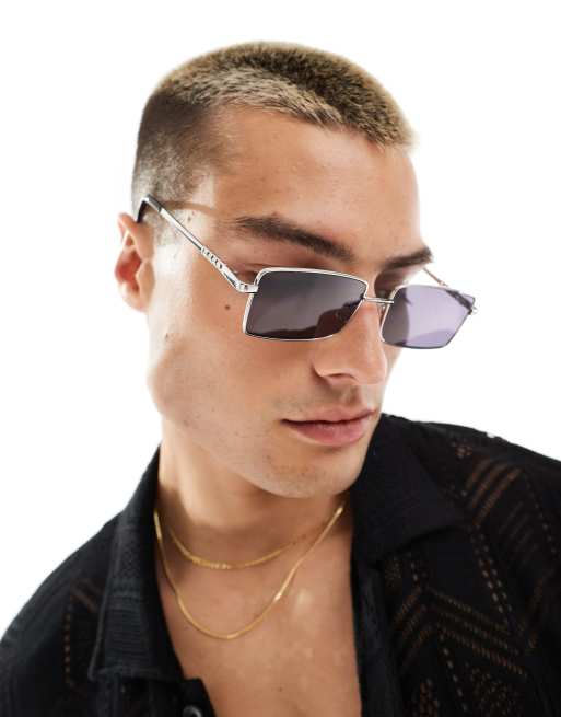 ASOS DESIGN – Silverfärgade rektangulära solglasögon med detalj vid tinningen