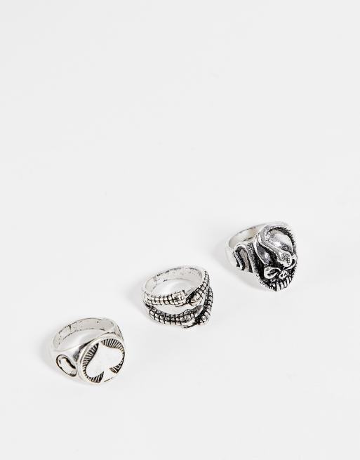 ASOS DESIGN – Silverfärgade ringar i mixat set med spader ess och orm med polerad finish, 3-pack