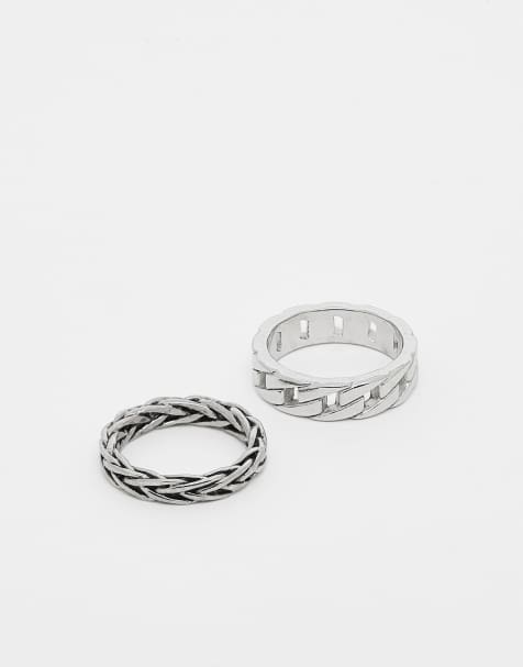 ASOS DESIGN – Silverfärgade ringar i vattentåligt, rostfritt stål med länkar och flätad design, 2-pack - view 1