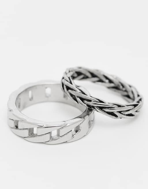 ASOS DESIGN – Silverfärgade ringar i vattentåligt, rostfritt stål med länkar och flätad design, 2-pack  , 2 av 3