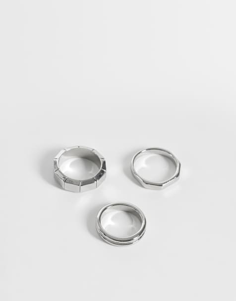 ASOS DESIGN – Silverfärgade ringar med åttakantig design och bambutextur, 3-pack - view 1