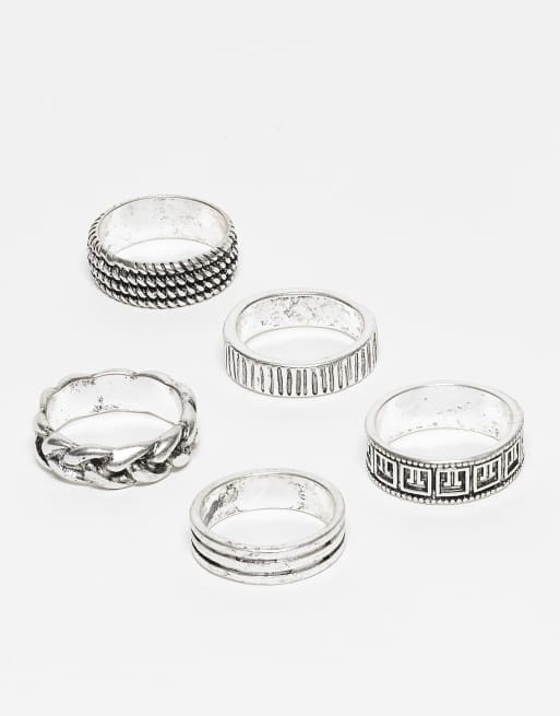 ASOS DESIGN – Silverfärgade ringar med meandermönstrad och strukturerad design, 5-pack