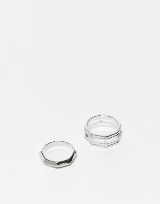ASOS DESIGN – Silverfärgade, sexkantiga ringar med utskurna detaljer, 2-pack - view 1