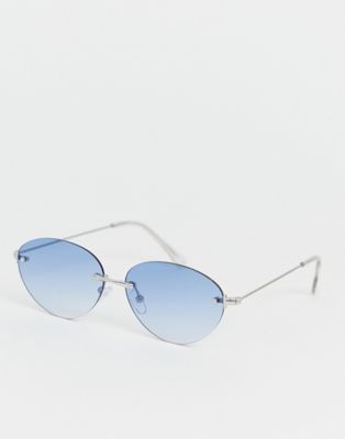 ASOS DESIGN – Silverfärgade solglasögon utan bågar med blå glas