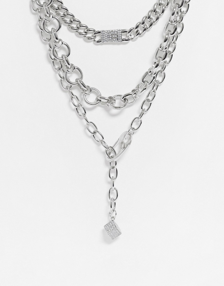 ASOS DESIGN – Silverfärgat flerradigt halsband med grova kedjor, strass och spännen