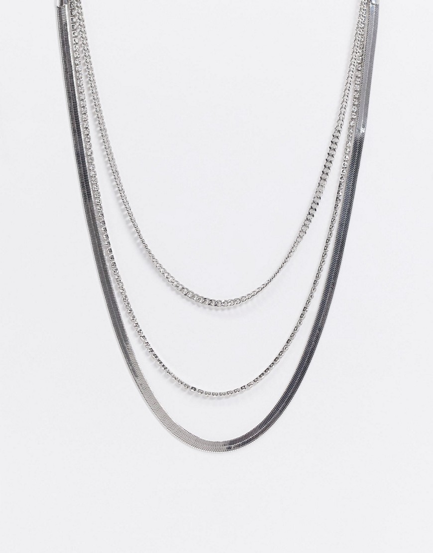 ASOS DESIGN – Silverfärgat, flerradigt halsband med platta ormkedjor och pansarkedjor