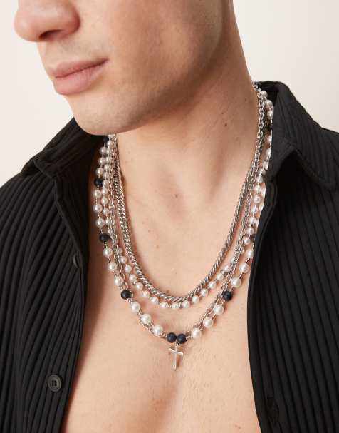 ASOS DESIGN – Silverfärgat halsband i flera rader för festivalen med pärlimitationer och kors - view 1