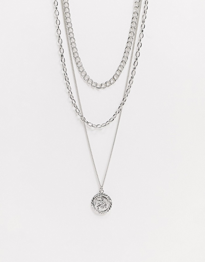 ASOS DESIGN – Silverfärgat halsband i flera rader med pansarkedja och mynthänge