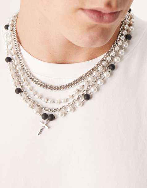 ASOS DESIGN – Silverfärgat halsband i flera rader med pärlimitationer och korshänge - view 1