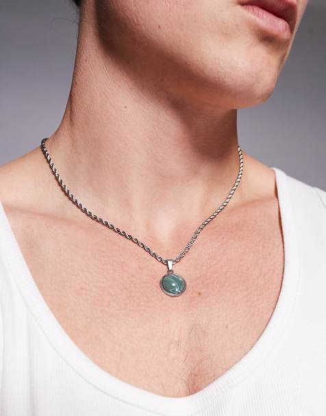 ASOS DESIGN – Silverfärgat halsband i rostfritt stål med runt hänge i jadeimitation - view 1