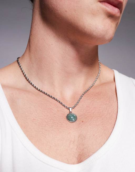 ASOS DESIGN – Silverfärgat halsband i rostfritt stål med runt hänge i jadeimitation