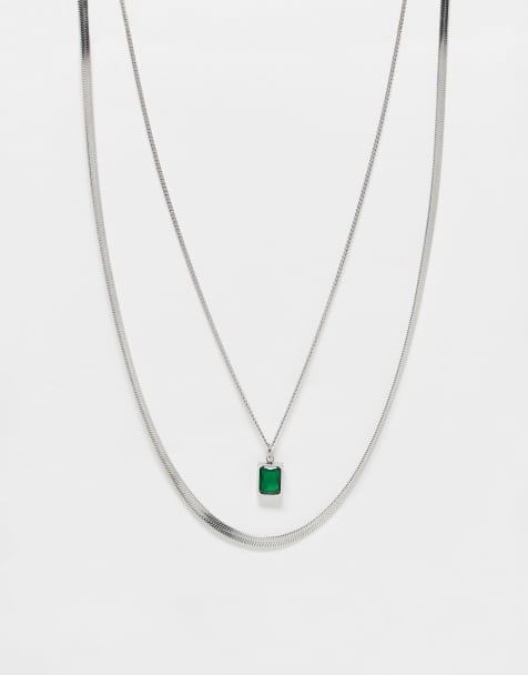 ASOS DESIGN – Silverfärgat halsband i vattentåligt, rostfritt stål för festivalen med smaragdimitation, 2-pack - view 1