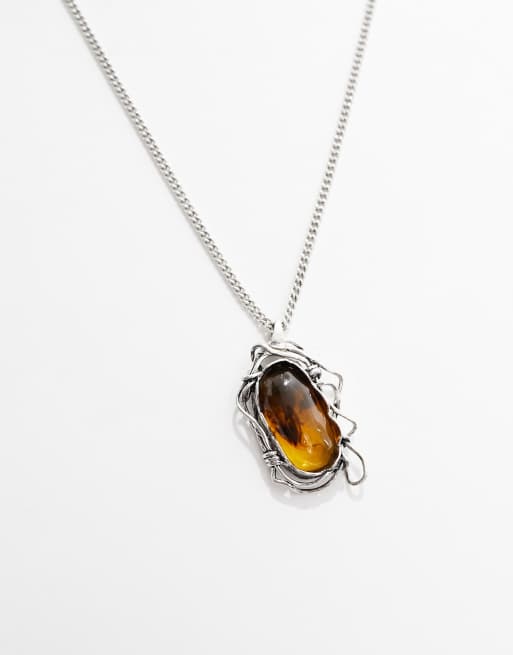 ASOS DESIGN – Silverfärgat halsband med bärnstenshänge i omlottdesign