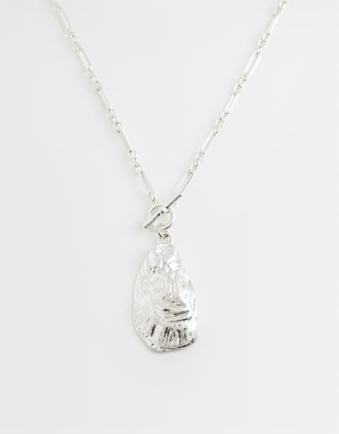 ASOS DESIGN – Silverfärgat, långt kedjehalsband med T-stav och snäckskalshänge - view 1