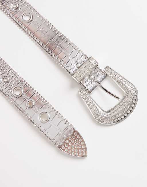 ASOS DESIGN – Silverfärgat, metalliskt, krokodilskinnsmönstrat skärp i cowboystil, 2 av 3